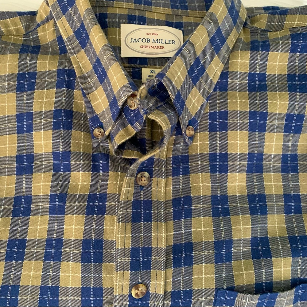 Men's Blue and Tan Plaid Shirt